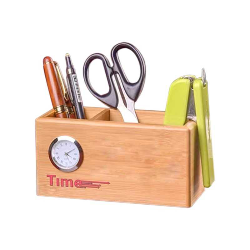 WOODEN PEN STAND CARD HOLDER WITH CLOCK