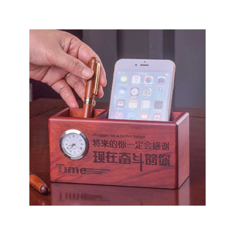 WOODEN PEN STAND CARD HOLDER WITH CLOCK