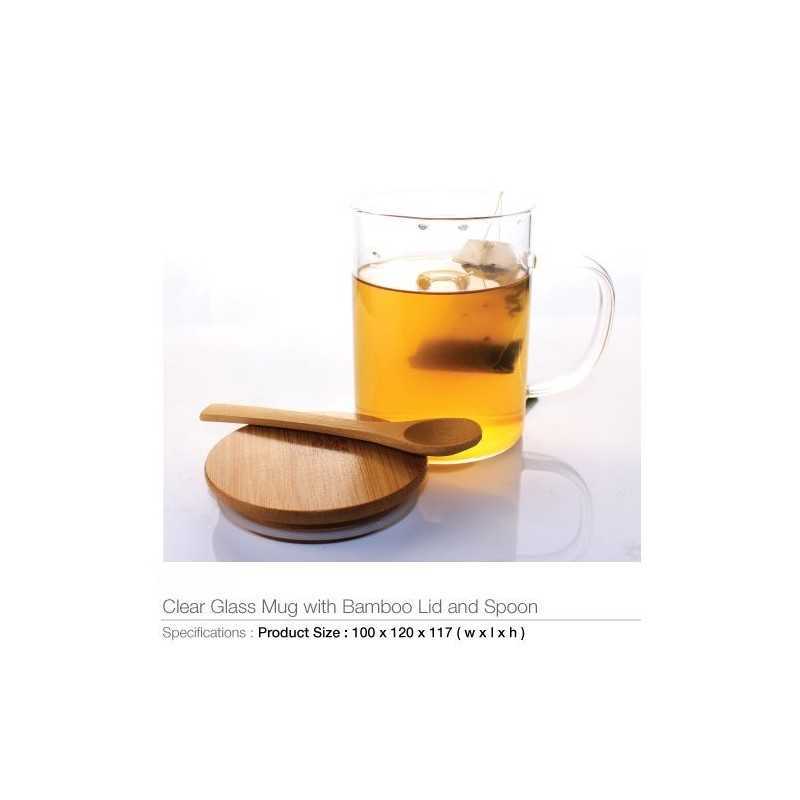 Clear Glass Mugs with Bamboo Lid and Spoon