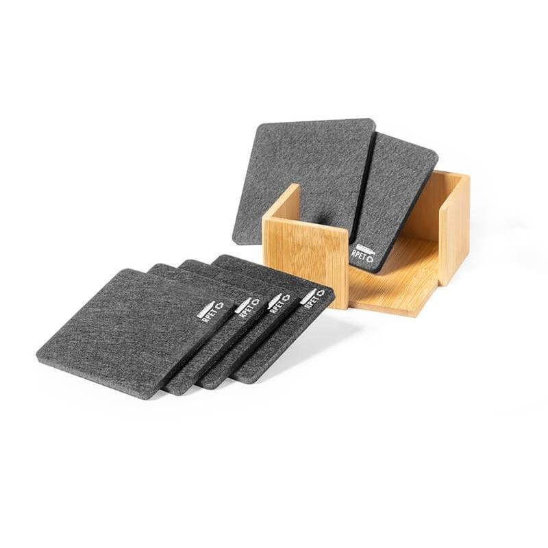 LAAX - eco-neutral RPET Set of 6 Felt Coasters with Bamboo Stand